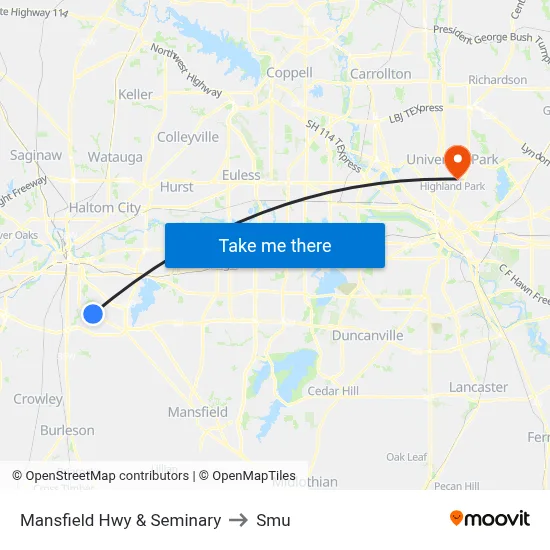 Mansfield Hwy & Seminary to Smu map