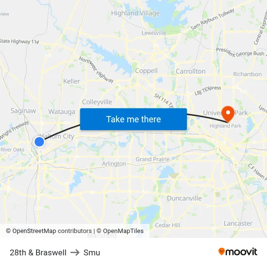 28th & Braswell to Smu map
