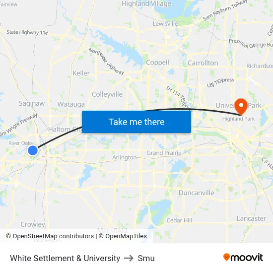 White Settlement & University to Smu map