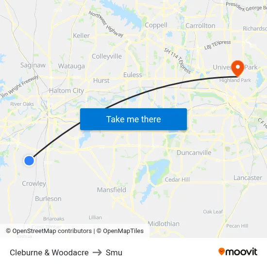 Cleburne & Woodacre to Smu map