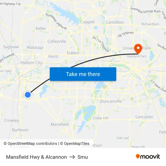 Mansfield Hwy & Alcannon to Smu map