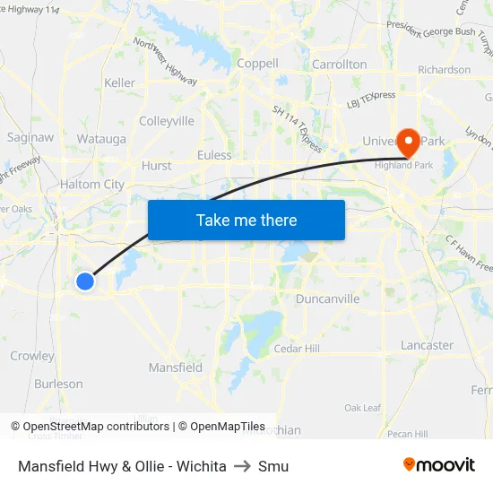 Mansfield Hwy & Ollie - Wichita to Smu map