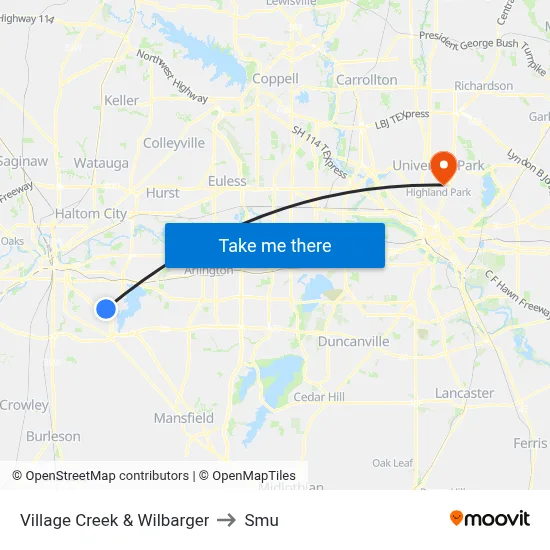 Village Creek & Wilbarger to Smu map