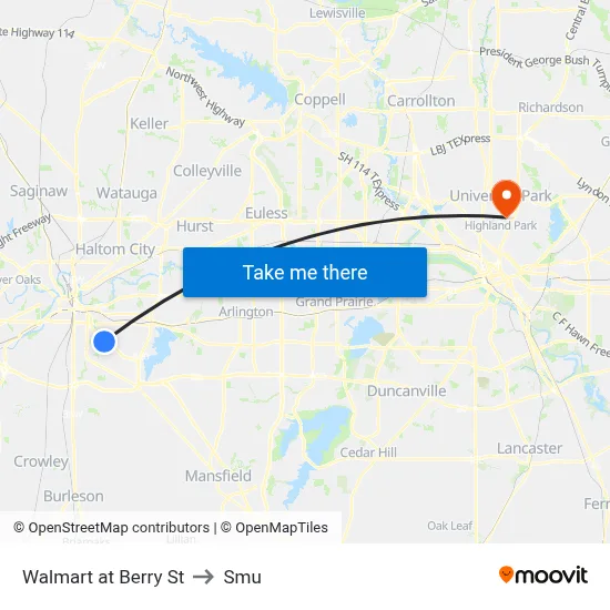 Walmart at Berry St to Smu map