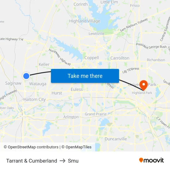Tarrant & Cumberland to Smu map