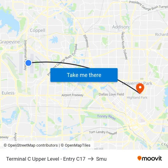 Terminal C Upper Level - Entry C17 to Smu map