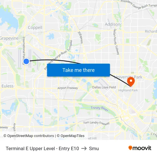 Terminal E Upper Level - Entry E10 to Smu map