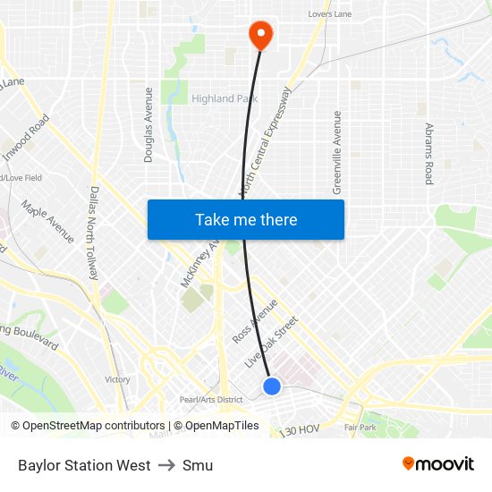 Baylor Station West to Smu map