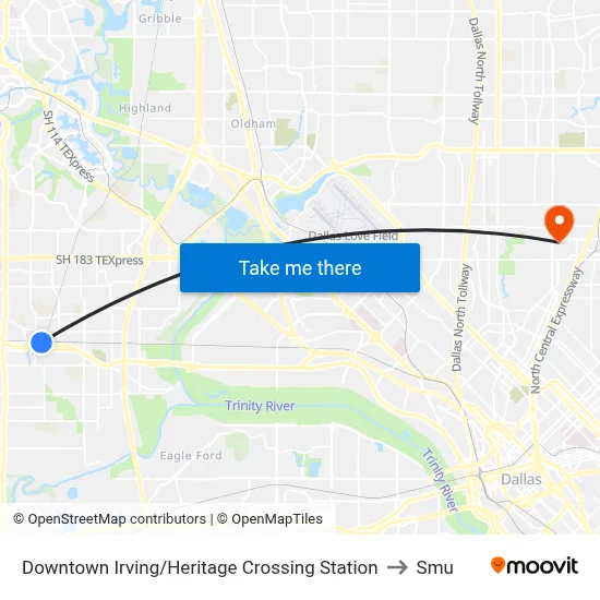 Downtown Irving/Heritage Crossing Station to Smu map
