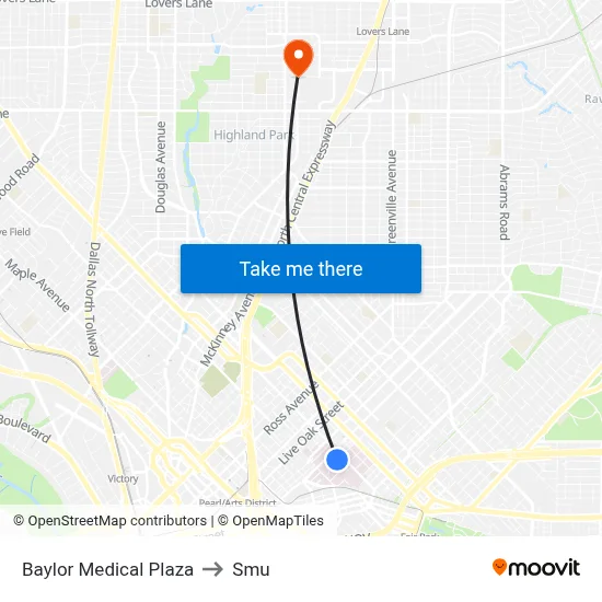 Baylor Medical Plaza to Smu map