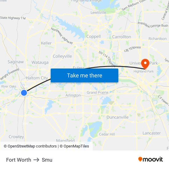 Fort Worth to Smu map