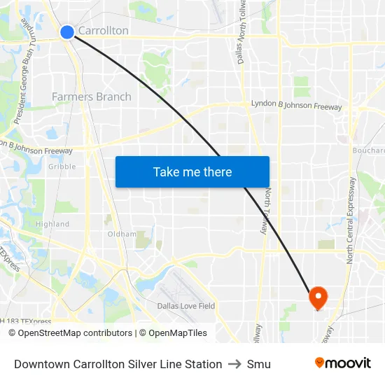 Downtown Carrollton Silver Line Station to Smu map