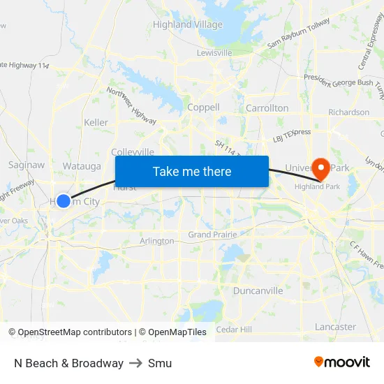 N Beach & Broadway to Smu map