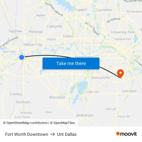 Fort Worth Downtown to Unt Dallas map