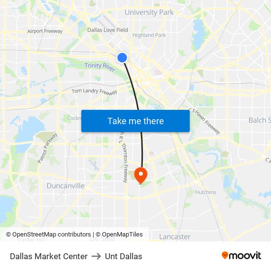 Dallas Market Center to Unt Dallas map