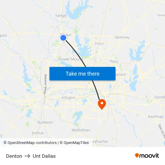 Denton to Unt Dallas map