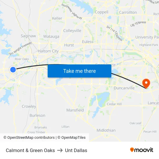 Calmont & Green Oaks to Unt Dallas map
