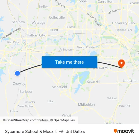 Sycamore School & Mccart to Unt Dallas map