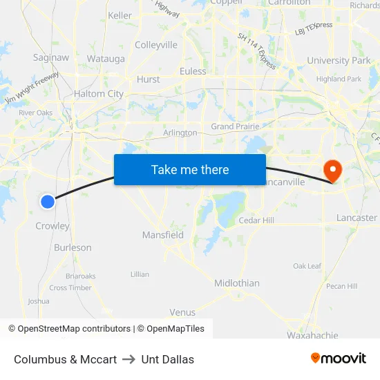 Columbus & Mccart to Unt Dallas map