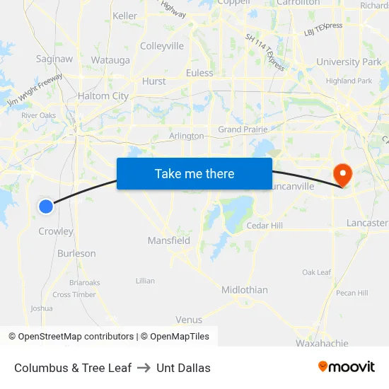 Columbus & Tree Leaf to Unt Dallas map
