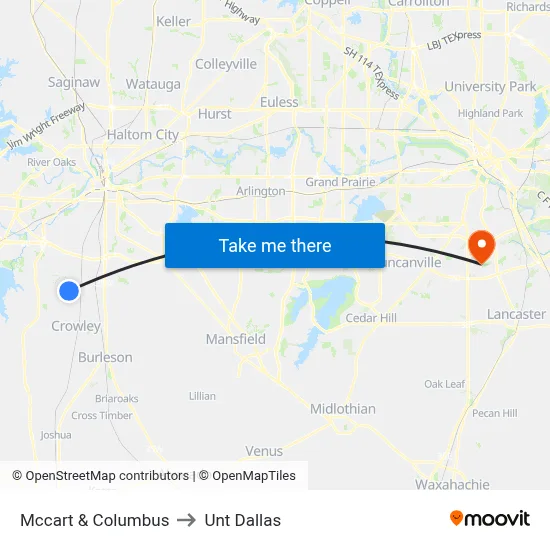 Mccart & Columbus to Unt Dallas map