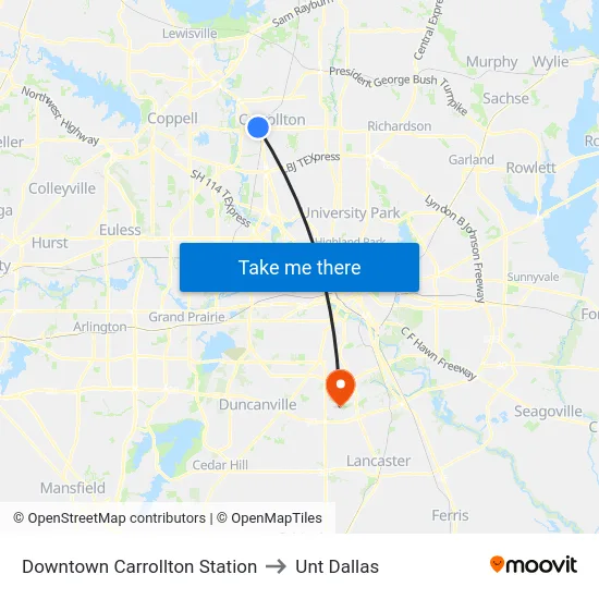 Downtown Carrollton Station to Unt Dallas map