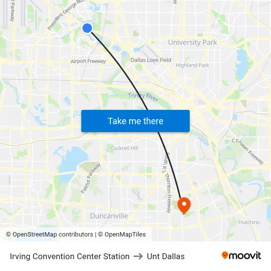 Irving Convention Center Station to Unt Dallas map