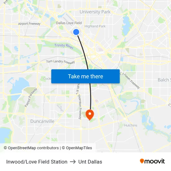 Inwood/Love Field Station to Unt Dallas map