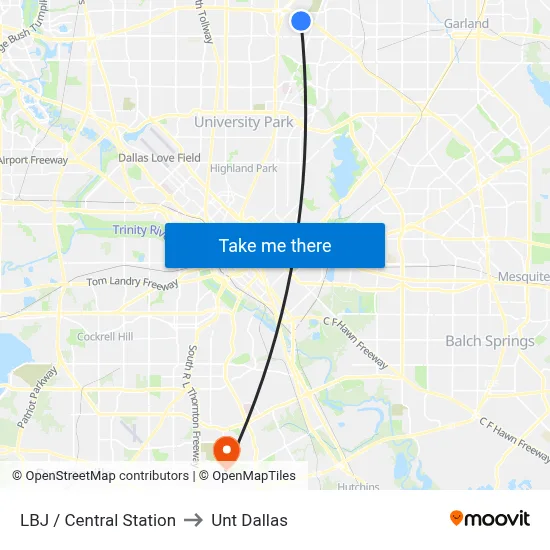 LBJ / Central Station to Unt Dallas map