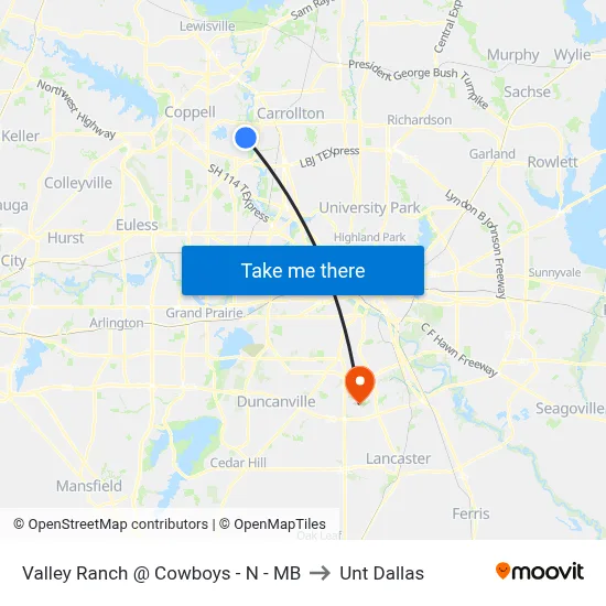 Valley Ranch @ Cowboys - N - MB to Unt Dallas map