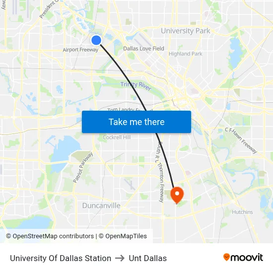 University Of Dallas Station to Unt Dallas map