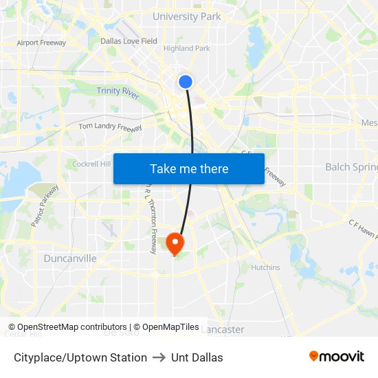 Cityplace/Uptown Station to Unt Dallas map