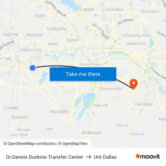 Dr.Dennis Dunkins Transfer Center to Unt Dallas map