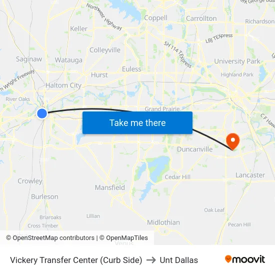 Vickery Transfer Center (Curb Side) to Unt Dallas map