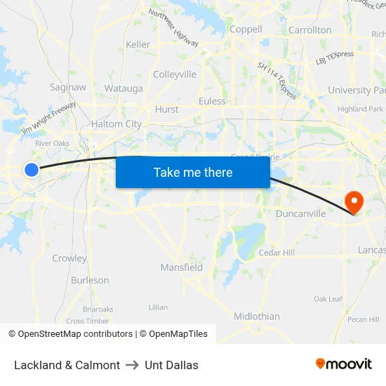 Lackland & Calmont to Unt Dallas map