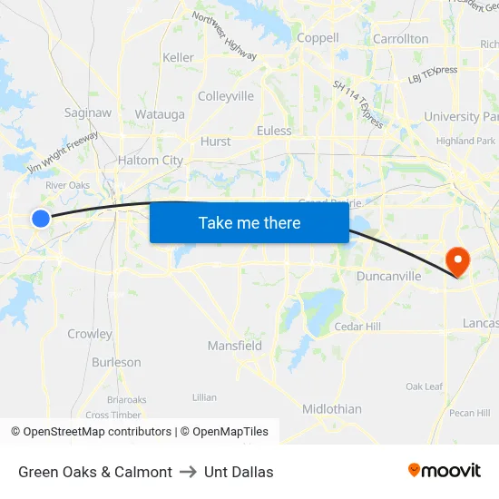 Green Oaks & Calmont to Unt Dallas map