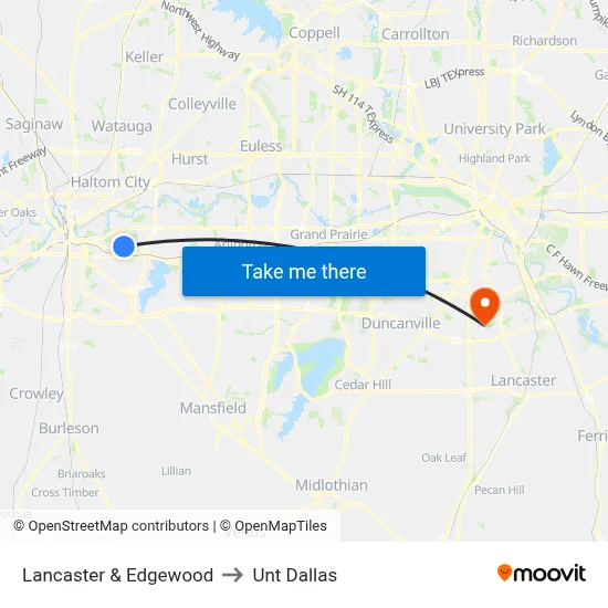 Lancaster & Edgewood to Unt Dallas map
