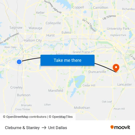 Cleburne & Stanley to Unt Dallas map