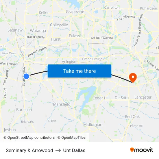 Seminary & Arrowood to Unt Dallas map
