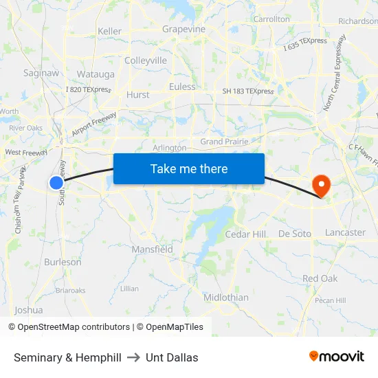 Seminary & Hemphill to Unt Dallas map