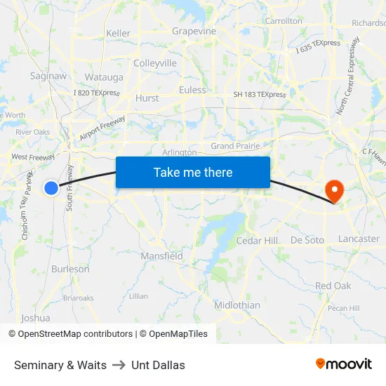 Seminary & Waits to Unt Dallas map