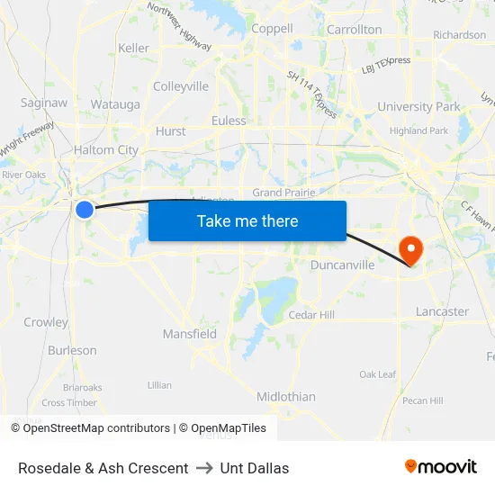 Rosedale & Ash Crescent to Unt Dallas map