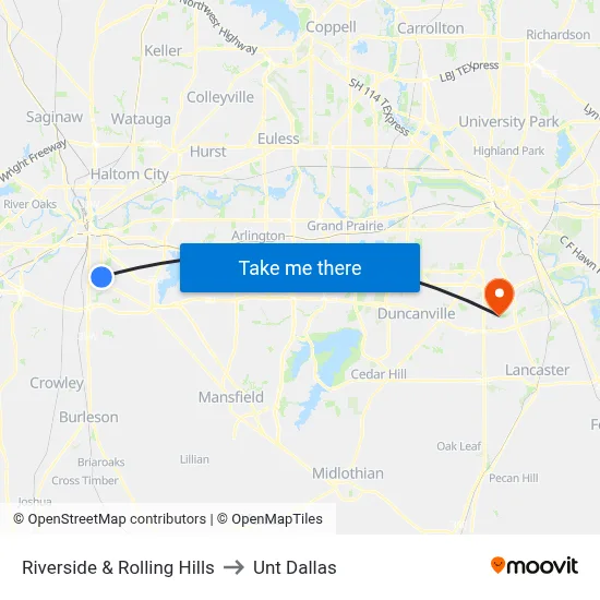 Riverside & Rolling Hills to Unt Dallas map