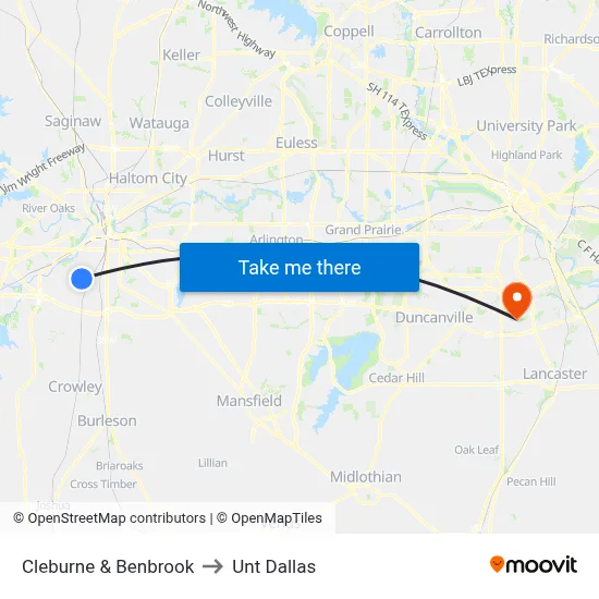 Cleburne & Benbrook to Unt Dallas map
