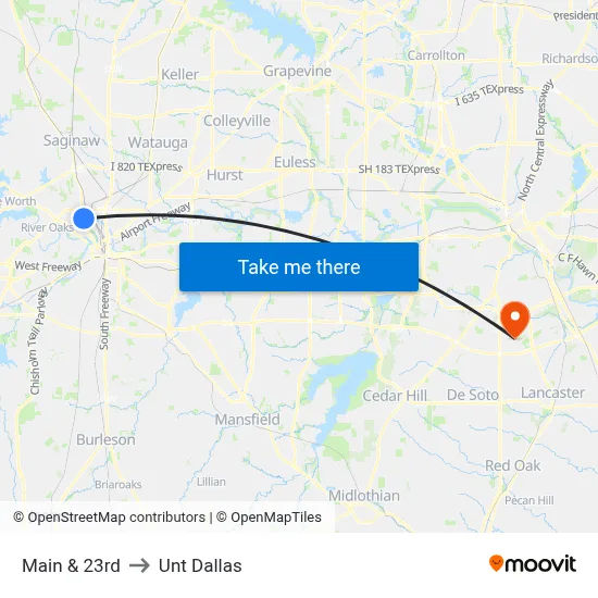 Main & 23rd to Unt Dallas map