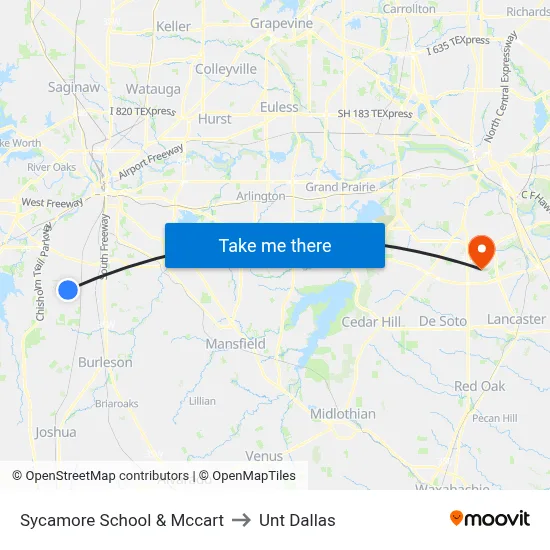 Sycamore School & Mccart to Unt Dallas map