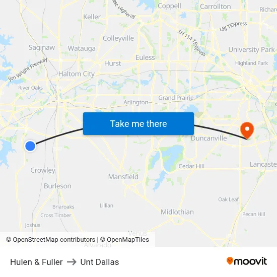 Hulen & Fuller to Unt Dallas map