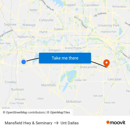 Mansfield Hwy & Seminary to Unt Dallas map