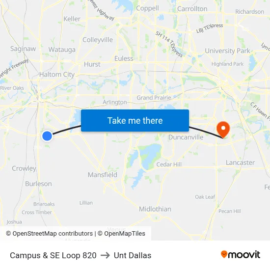 Campus & SE Loop 820 to Unt Dallas map