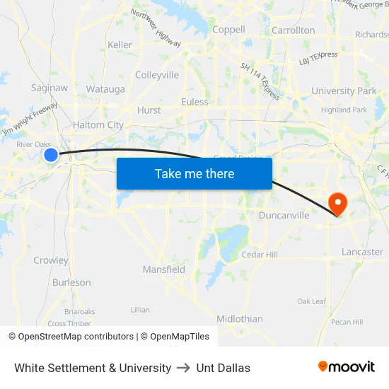 White Settlement & University to Unt Dallas map